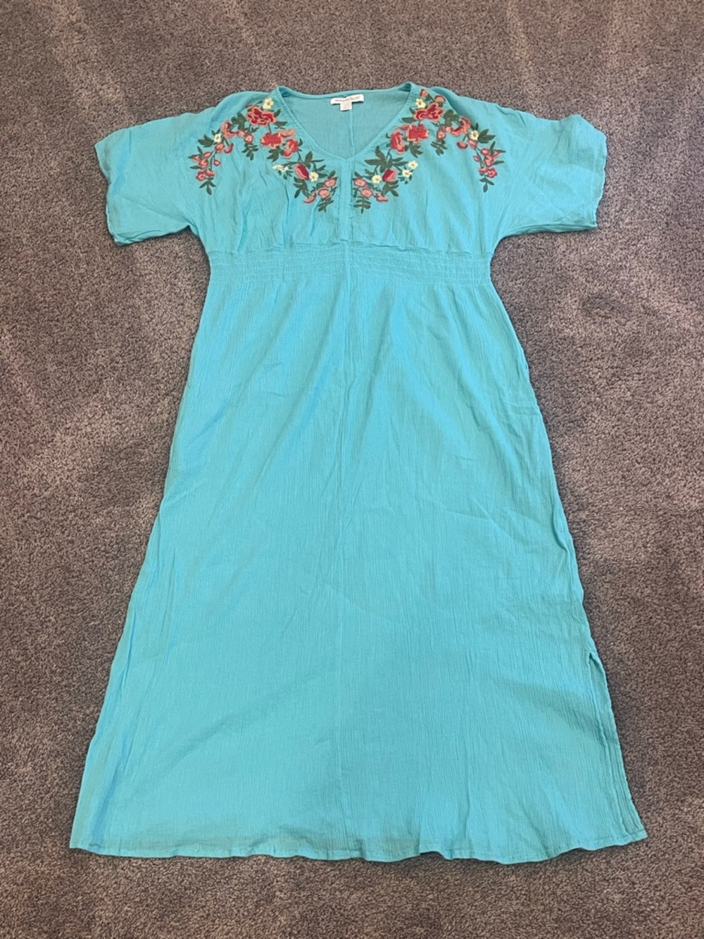 Dreams & Co Aqua Embroidered Floral Cotton Boho Midi Maxi Dress L 18/20